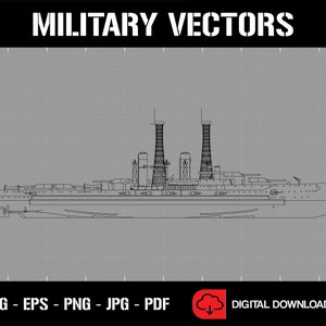 May include: A black and white line drawing of a battleship on a gray grid background. The image is labeled "MILITARY VECTORS" at the top and "SVG - EPS - PNG - JPG - PDF" at the bottom.  The image also includes a cloud icon with the text "DIGITAL DOWNLOAD".