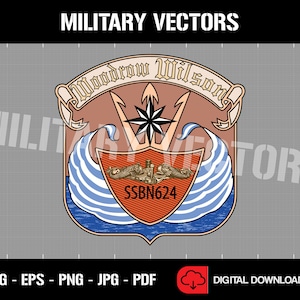 May include: A digital download of a vector graphic design featuring a crest with a red shield, a gold trident, a blue and white wave, and the text "SSBN624" and "Woodrow Wilson".