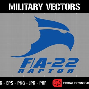 Op de afbeelding: Een blauwe en witte vectorafbeelding van een gestileerde adelaar met de tekst "F/A-22 RAPTOR" eronder. De afbeelding bevindt zich op een grijze rasterachtergrond.