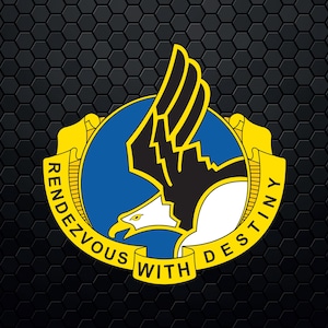 May include: A yellow and blue eagle emblem with the words "Rendezvous with Destiny" on a scroll. The eagle is flying with its wings spread. The emblem is on a black background.
