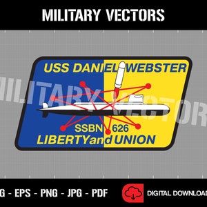 Könnte beinhalten: Ein blauer und gelber Patch mit dem Text "USS DANIEL WEBSTER" und "SSBN 626 LIBERTY and UNION". Der Patch zeigt ein stilisiertes U-Boot mit einer roten Rakete.