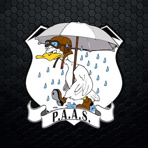 May include: A white duck wearing a brown aviator helmet and goggles holds an umbrella over its head as it walks through a rainstorm. The duck is standing on a white shield with the text "P.A.A.S." on a white banner below it.