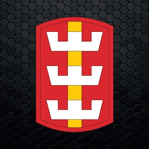 May include: A red and yellow military unit patch with three white crowns stacked vertically on a yellow stripe.