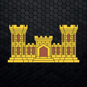 Op de afbeelding: Een gestileerde gele afbeelding van een kasteel met twee torens en een centrale structuur. Het kasteel bevindt zich op een zwarte achtergrond met een zeshoekig patroon.