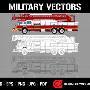 May include: A red and white fire truck with a ladder, a white outline of the same fire truck, and a black outline of the same fire truck. The fire truck is on a gray grid background. The text "MILITARY VECTORS" is at the top of the image. The text "SVG - EPS - PNG - JPG - PDF" is at the bottom of the image. The text "DIGITAL DOWNLOAD" is at the bottom right of the image.
