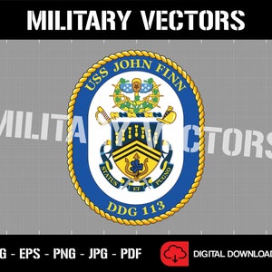 Puede incluir: Un emblema circular dorado y azul con el texto "USS JOHN FINN DDG 113" y un escudo que presenta un tridente, un trébol y una espada.