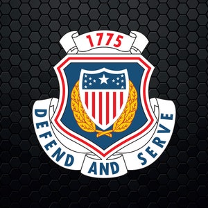May include: A white and blue shield with a red and white striped shield inside, surrounded by a wreath of gold leaves. The shield is topped with a white scroll with the text "1775". The shield is surrounded by a white scroll with the text "DEFEND AND SERVE".