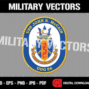 Könnte beinhalten: Ein rundes Emblem in Gold und Blau mit einem Seilrand. Das Emblem zeigt einen Schild mit einem roten Drachen, einem Dreizack und einem Farn. Der Text "USS JOHN S. MCCAIN" und "DDG 56" ist auf dem Emblem abgebildet.