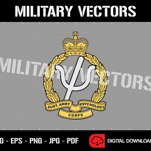 May include: A gold and white military insignia with a crown, a wreath of leaves, and a white symbol. The text "Aust. Army Psychology Corps" is on a gold ribbon.