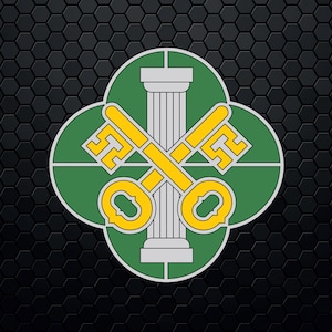May include: A green clover-shaped emblem with two gold keys crossed over a silver pillar. The keys have a yellow outline and the pillar has a white base.