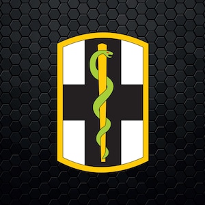 May include: A black and white shield with a yellow border. A green snake wraps around a gold rod, with a red tongue sticking out. The snake is on a black cross with white edges.