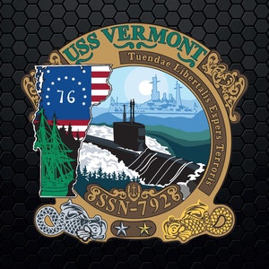 May include: A gold and green emblem with the words "USS VERMONT" and "SSN-792" in a circle. The emblem features a submarine, a state outline, and the words "Tuendae Libertalis Experis Terroris".