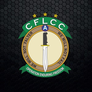 May include: A green and gold circular emblem with the text "CFLCC" and three gold stars above the text. The emblem also features a knife with a black handle and a silver blade, and the text "WE WILL NOT FALTER WE WILL NOT FAIL OPERATION ENDURING FREEDOM".