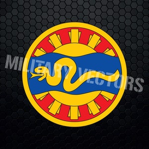 May include: A yellow, red, and blue circular emblem with a stylized snake design. The snake is curled around a yellow sun with red rays. The emblem is on a black honeycomb background.
