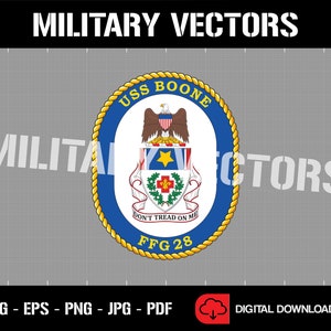 May include: A blue and gold circular emblem with the text "USS BOONE" and "FFG 28" in a white circle. The emblem also features a bald eagle with a red, white, and blue shield and the text "DON'T TREAD ON ME".
