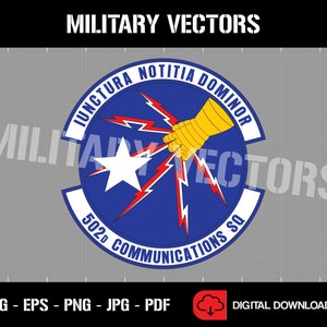 May include: A blue and white circle patch with a yellow hand holding lightning bolts. The text "JUNCTURA NOTITIA DOMINOR 502D COMMUNICATIONS SQ" is around the circle.