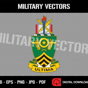 May include: A green and gold military crest with a torch, swords, and a star. The crest is surrounded by a wreath of green leaves and has the word "ULTIMA" written on a yellow ribbon.