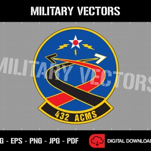 May include: A blue and yellow circle with a red and black design inside. The circle has the text "432 ACMS" on the bottom. The design inside the circle is a stylized representation of a road with a star and lightning bolts.