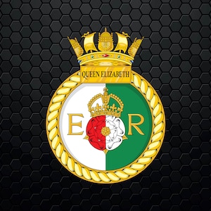 May include: A gold and green crest with a crown and the letters "E" and "R" inside a circle. The text "QUEEN ELIZABETH" is above the circle.