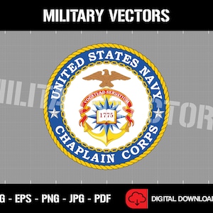 May include: A digital download graphic featuring the United States Navy Chaplain Corps emblem. The circular design includes a gold border, blue text, and a central emblem with an eagle, anchor, and the year 1775. The words "MILITARY VECTORS" are at the top.