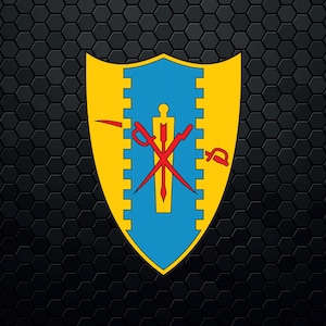 May include: A shield-shaped emblem with a yellow border and a blue center, featuring crossed swords and a spear. The background is a textured, dark gray honeycomb pattern. The shield has a yellow border with blue crenellations.