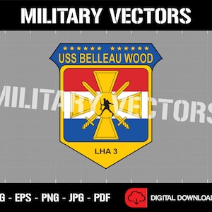 Può includere: Uno scudo giallo, rosso, bianco e blu con una croce dorata e una figura di soldato al centro. Lo scudo ha il testo "USS BELLEAU WOOD" in alto e "LHA 3" in basso.