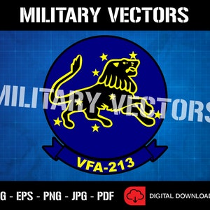 May include: A blue and yellow military squadron patch with a black lion and stars. The text "VFA-213" is on the patch.