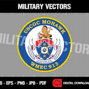 May include: A blue and yellow circular emblem with the text "USCGC MOHAWK WMEC 913" and the words "Lifesaver Enforcer Defender".