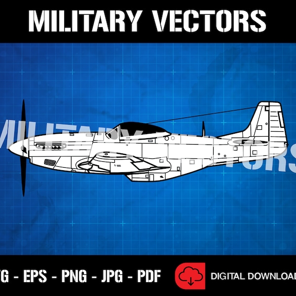 P-51K Mustang Kampfflugzeug WW2 Warbird Outline Blueprint Diagramm - Logo Decal Emblem Wappen Insignia - Digital SVG Vektor Drawing File