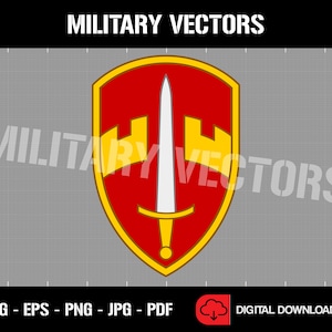 May include: A red and gold military insignia featuring a white sword in the centre. The insignia is in the shape of a shield with a yellow border.