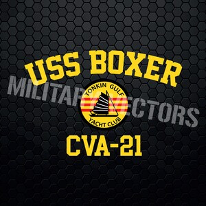 Puede incluir: Un diseño gráfico amarillo y negro con el texto "USS BOXER TONKIN GULF YACHT CLUB CVA-21" sobre un fondo de panal negro.