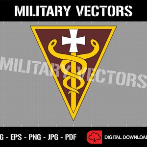 May include: A yellow triangle with a maroon interior and a gold medical caduceus with a white cross. The caduceus is a symbol of medicine and healing.