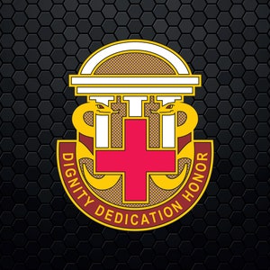 May include: A gold and red emblem with two snakes flanking a red cross. The emblem is surrounded by a maroon circle with the words "DIGNITY DEDICATION HONOR" in gold lettering.