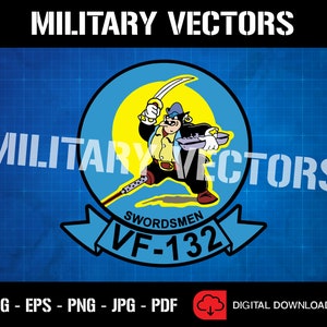 May include: A blue and yellow military squadron patch with a cartoon pirate holding a sword and a ship. The text "SWORDSMEN VF-132" is on the patch.
