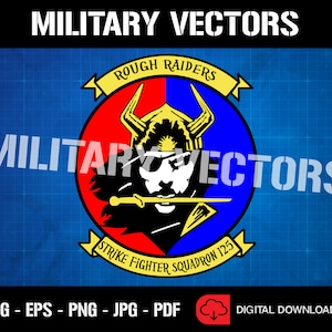 Könnte beinhalten: Ein rot-weiß-blaues Logo einer Militärstaffel mit einer Wikinger-ähnlichen Figur, die einen gehörnten Helm und eine Sonnenbrille trägt. Der Text "ROUGH RAIDERS" befindet sich über der Figur und "STRIKE FIGHTER SQUADRON 125" unter der Figur.