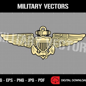 May include: A gold-colored military aviator wings insignia with an anchor and shield featuring the American flag. The wings are spread out and the anchor is centered below the shield. The insignia is on a gray background.