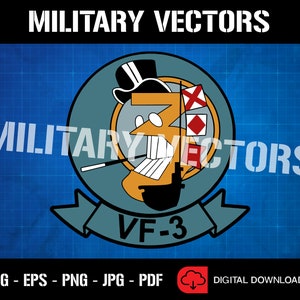 May include: A blue and white military squadron logo with a cartoon character wearing a top hat and holding a magic wand. The logo says "VF-3" and is surrounded by a blue and white grid pattern.