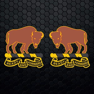 May include: A black and yellow striped banner with two brown buffalo silhouettes standing on top. The banner has the words "Ready and Forward" on each side.
