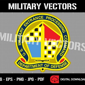 May include: A gold-colored emblem with a five-pointed star shape in the center. The star is divided into four sections, each with a different color: red, white, blue, and yellow. The emblem is surrounded by a gold-colored circle with the text "U.S. MILITARY ENTRANCE PROCESSING COMMAND DEPARTMENT OF DEFENSE".