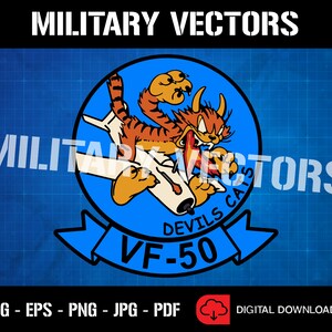 May include: A blue and white military squadron patch with a cartoon tiger attacking a plane. The text "VF-50" and "DEVILS CATS" are on the patch.