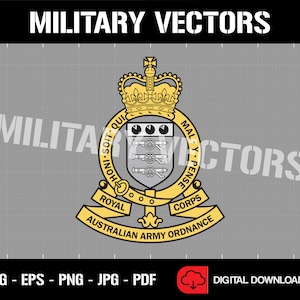 May include: A gold and black crest with a crown on top. The crest features three cannons, a shield, and a banner that reads "Honi Soit Qui Mal Y Pense" and "Royal Australian Army Ordnance Corps".