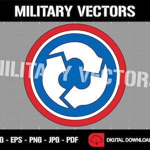May include: A red, white and blue circular design with a white symbol of three arrows pointing in a circular direction. The design is surrounded by a red ring and a blue ring.
