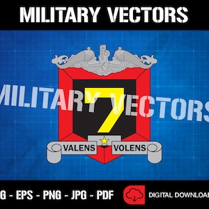 May include: A red and black military crest with a yellow number 7, the words "Valens Volens" and a star. The crest is surrounded by a gray and silver border with a dolphin design.