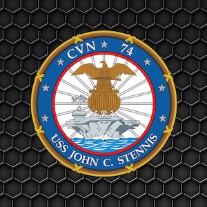 May include: A blue, white, and gold circular emblem with a bald eagle, a ship, and the text "CVN 74 USS JOHN C. STENNIS".