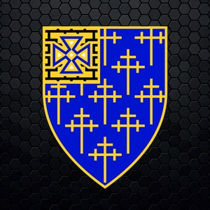 Pode incluir: Um escudo heráldico azul e dourado com um padrão de cruz. O escudo está sobre um fundo preto com um padrão hexagonal.