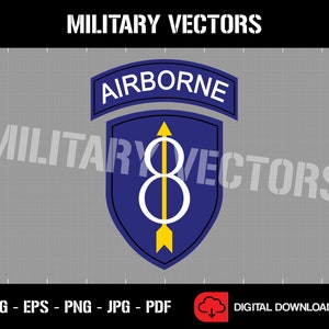 Puede incluir: Un parche militar azul y blanco con el texto "AIRBORNE" sobre un número blanco "8" con una flecha amarilla que lo atraviesa. El parche está sobre un fondo gris.