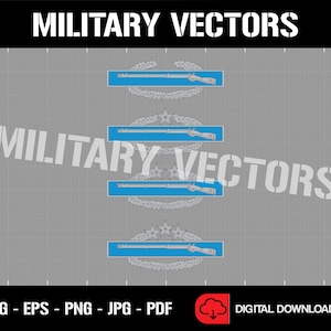 以下が含まれることがあります： ライフルと月桂樹の輪のデザインが施された、青と銀の軍隊のリボンが4つあります。リボンは灰色のグリッドの背景の上にあります。画像の上部には「MILITARY VECTORS」というテキストがあります。画像の下部には「SVG - EPS - PNG - JPG - PDF」というテキストがあります。画像の右下には「DIGITAL DOWNLOAD」というテキストがあります。