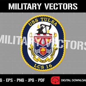 May include: A blue and gold circular emblem with a rope border. The emblem features the text "USS TULSA" and "LCS 16". Inside the circle is a shield with a red and white design, a tree, and the words "Tough, Able, Ready".