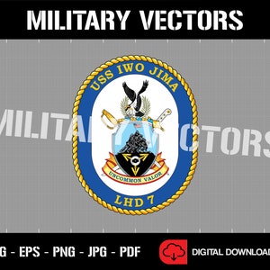 May include: A blue and gold circular emblem with a rope border. The emblem features a white shield with a black eagle, a mountain range, and a black triangle with a white eye. The text "USS IWO JIMA" is written in a white arc above the shield. The text "UNCOMMON VALOR" is written on a white banner below the shield. The text "LHD 7" is written in white below the banner.