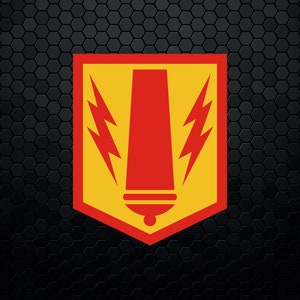 May include: A red and yellow shield-shaped emblem with a red tower and two yellow lightning bolts. The tower has a small yellow base.